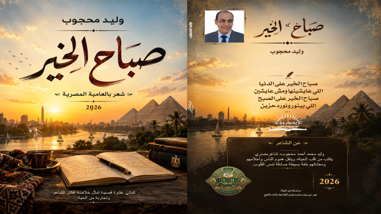 صباح الخير ديوان شعر للشاعر وليد محجوب كتب - وليد محجوب يصدر قريباً بإذن الله تعالى ديوان شعر صباح الخير للشاعر المصري وليد محمد أحمد محجوب عن سلسلة دار ابن البيطار التابعة لمؤسسة يسطرون للطباعة والنشر والتوزيع ، الشاعر محمد صبحي البيطار رئيس التحرير ورئيس نادي أدب القناطر الخيرية ، والشاعر والناقد عماد سالم رئيس مجلس الإدارة ورئيس حركة العامية الجديدة ، والديوان شعر بالعامية المصرية يتكون من ثماني عشرة قصيدة تمثل خلاصة تجارب الشاعر في الحياة وسوف يكون الديوان موجود في معرض القاهرة الدولي للكتاب 2027.
